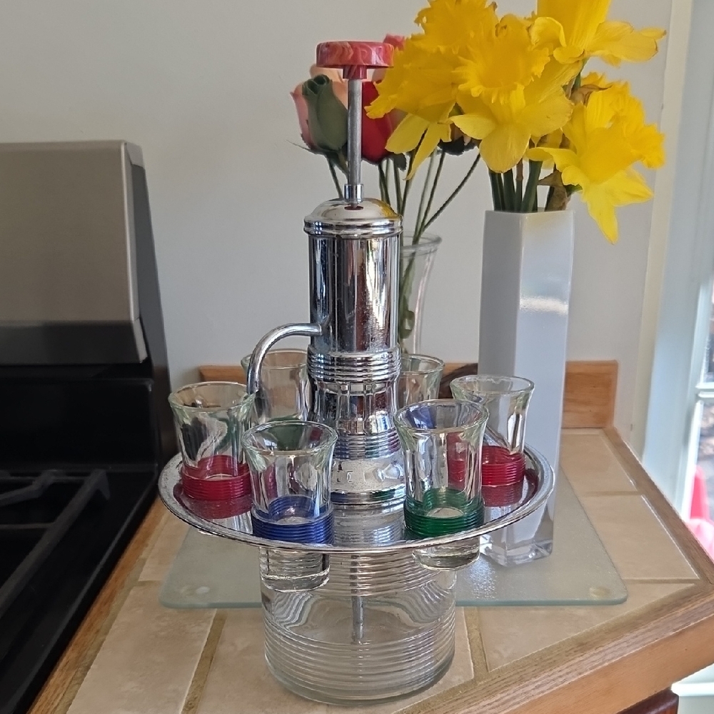 Chrome MCM Park Sherman VTG Shot Glass Drink Dispenser with Colored Glasses